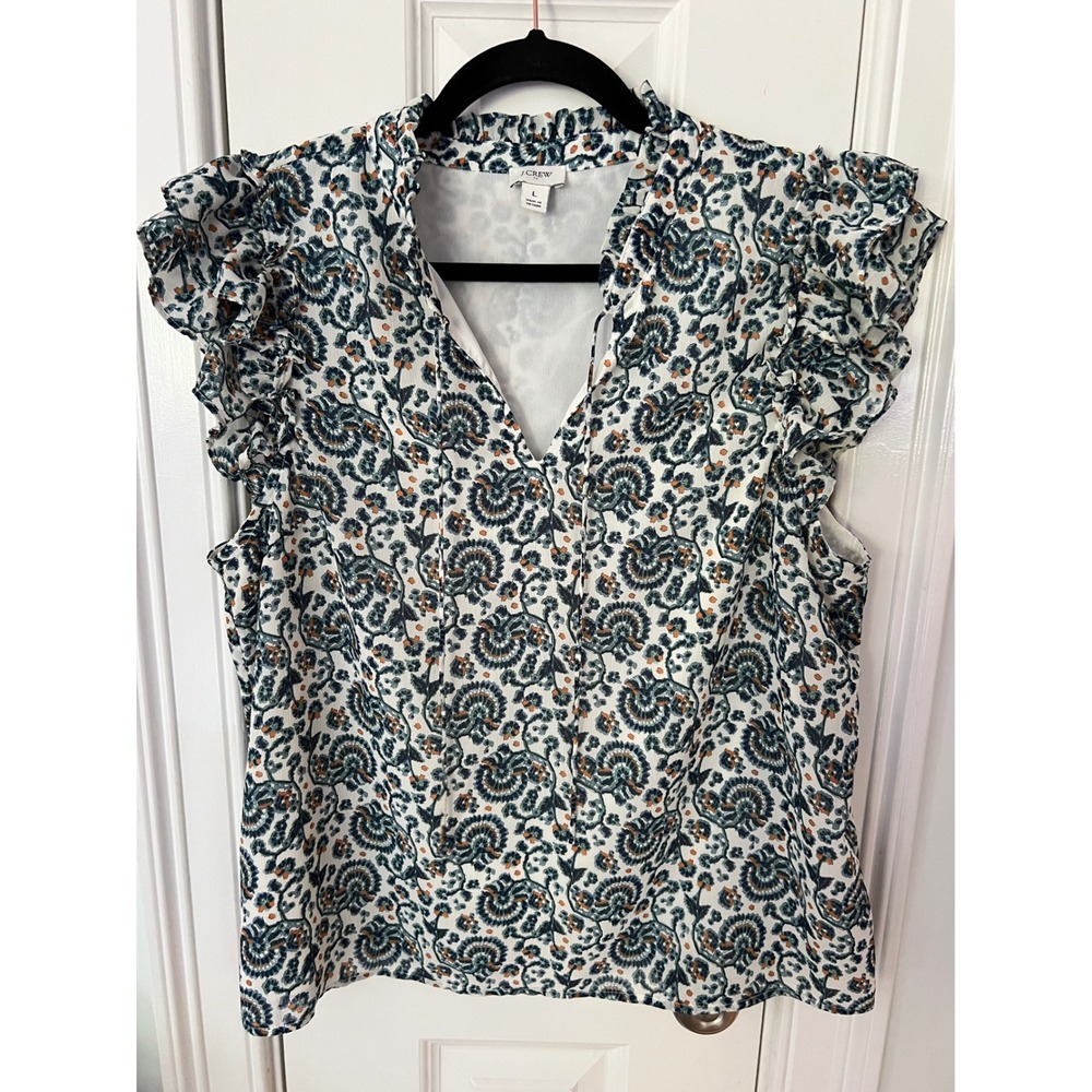 J.Crew Ruffle Sleeve Paisley Floral Blouse Blue Orange Split Neck Top Large